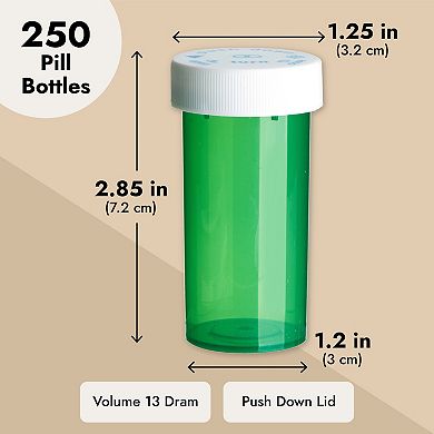 250 Pack Empty Pill Bottles With Caps, 13 Dram Plastic Vials (green)