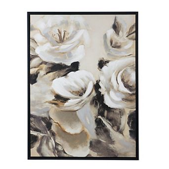 35 X 47 Framed Wall Art, Flower Print, Modern Style, Beige, Black, White