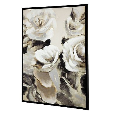 35 X 47 Framed Wall Art, Flower Print, Modern Style, Beige, Black, White