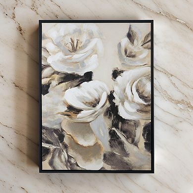 35 X 47 Framed Wall Art, Flower Print, Modern Style, Beige, Black, White