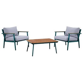 3 pc Outdoor Coffee Table And Chairs Set, Wood Planks, Gray, Green