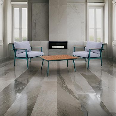 3 Piece Outdoor Coffee Table And Chairs Set, Wood Planks, Gray, Green