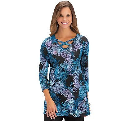 Collections Etc Paisley Print Lattice V-neck Tunic With 3/4 Sleeves