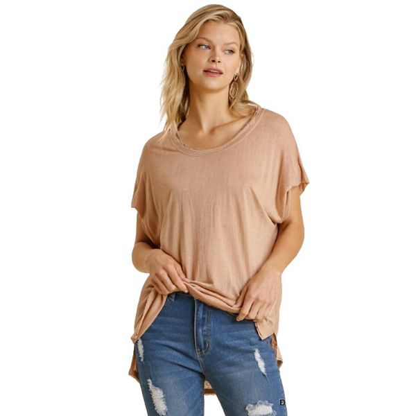 Short Sheer Dolman Sleeve Scoop Neck Top With Side Slit