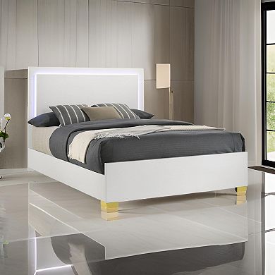 Dex Platform King Size Bed, Panel Led Headboard, White Wood Melamine Finish