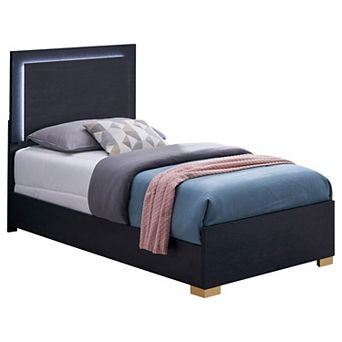 Dex Twin Size Bed With Led Framed Headboard, Black Wood Finish, Gold Legs