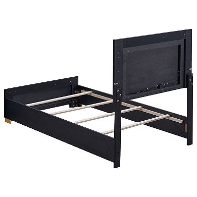 Dex Twin Size Bed With Led Framed Headboard, Black Wood Finish, Gold Legs