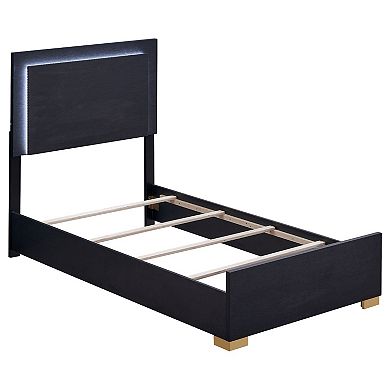 Dex Twin Size Bed With Led Framed Headboard, Black Wood Finish, Gold Legs