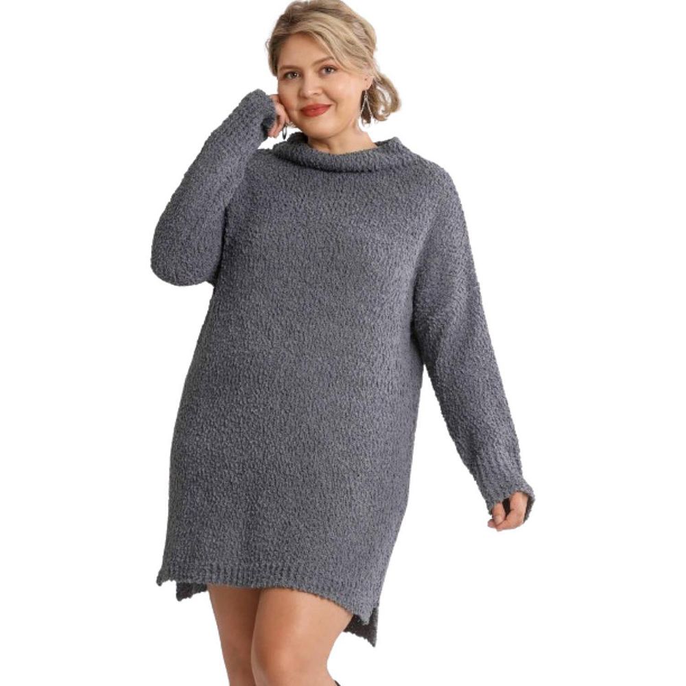 Taupe Long Sleeve Cowl Neck Hacci Drawstring Dress