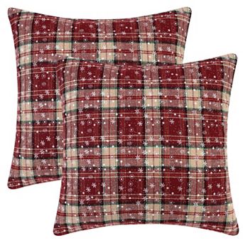 Set of 2 Festive Plaid Snowflake Throw Pillow Covers Tartan Scottish Red Pompoms 18 x 18 Inch