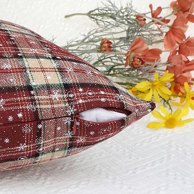 Set of 2 Festive Plaid Snowflake Throw Pillow Covers Tartan Scottish Red Pompoms 18 x 18 Inch