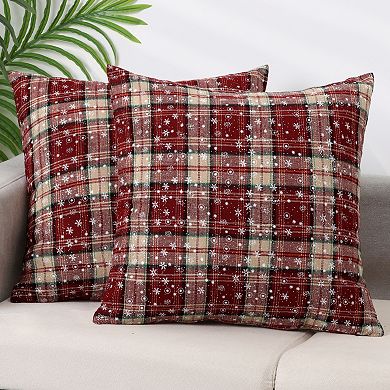 Set of 2 Festive Plaid Snowflake Throw Pillow Covers Tartan Scottish Red Pompoms 18 x 18 Inch