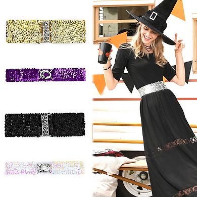 Lady Sequins Decor Metal Interlooking Buckles Elastic Waist Belt