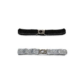 Lady Sequins Decor Metal Interlooking Buckles Elastic Waist Belt