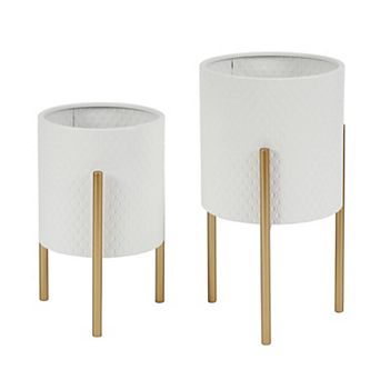 LuxenHome 2 pc Diamond Pattern Round Metal Cachepot Planter Set, White With Gold Stands