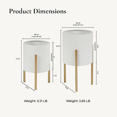 LuxenHome 2-piece Diamond Pattern Round Metal Cachepot Planter Set, White With Gold Stands