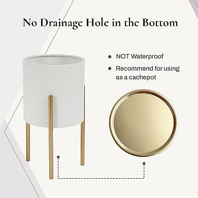 LuxenHome 2-piece Diamond Pattern Round Metal Cachepot Planter Set, White With Gold Stands