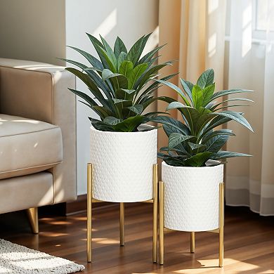 LuxenHome 2-piece Diamond Pattern Round Metal Cachepot Planter Set, White With Gold Stands