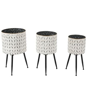 LuxenHome Set Of 3 Distressed White And Black Metal Cachepot Planters With Legs