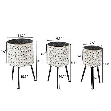 LuxenHome Set Of 3 Distressed White And Black Metal Cachepot Planters With Legs