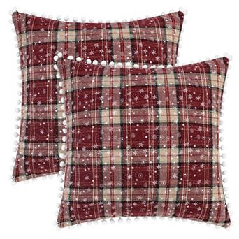 Set of 2 Festive Plaid Snowflake Throw Pillow Covers Tartan Scottish Red Pompoms 18 x 18 Inch