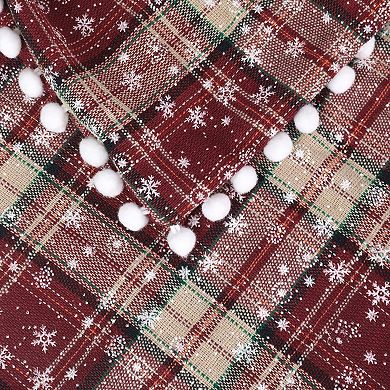Set of 2 Festive Plaid Snowflake Throw Pillow Covers Tartan Scottish Red Pompoms 18 x 18 Inch