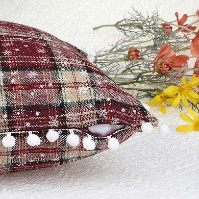 Set of 2 Festive Plaid Snowflake Throw Pillow Covers Tartan Scottish Red Pompoms 18 x 18 Inch