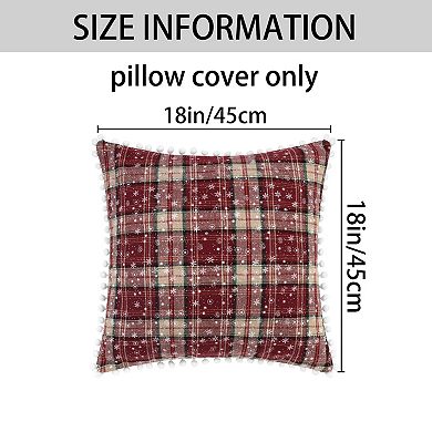 Set of 2 Festive Plaid Snowflake Throw Pillow Covers Tartan Scottish Red Pompoms 18 x 18 Inch