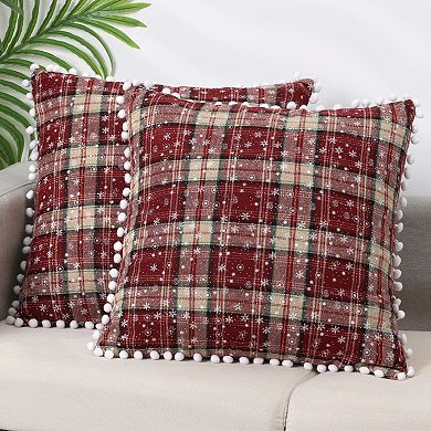 Set of 2 Festive Plaid Snowflake Throw Pillow Covers Tartan Scottish Red Pompoms 18 x 18 Inch