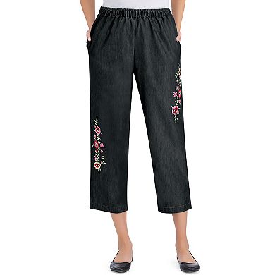 Collections Etc Floral Embroidered Denim Pull-on Capri Pants