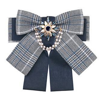 Women's Bow Brooch Plaid Faux Rhinestone Beaded Bow Ties