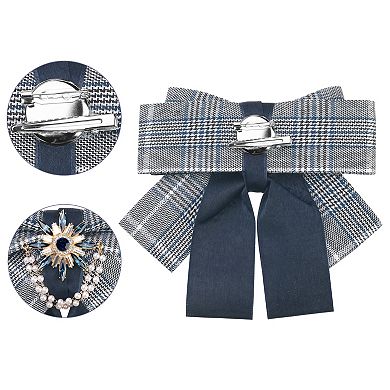 Women's Bow Brooch Plaid Faux Rhinestone Beaded Bow Ties