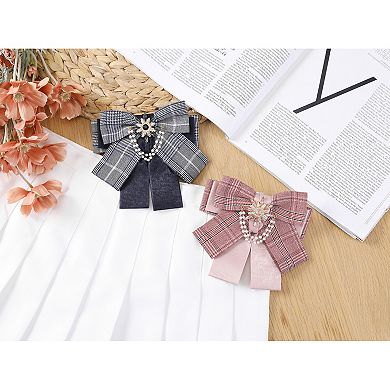 Women's Bow Brooch Plaid Faux Rhinestone Beaded Bow Ties