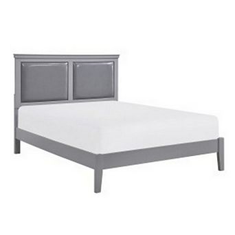 Brite Queen Size Bed, Gray Faux Leather Upholstered Headboard, Low Profile