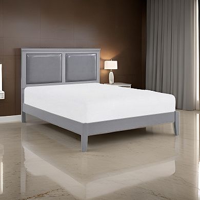Brite Queen Size Bed, Gray Faux Leather Upholstered Headboard, Low Profile
