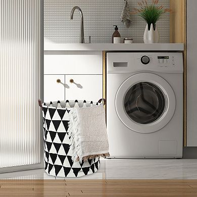 1 Pcs 60l Foldable Cylindrical Laundry Basket For Laundry Room Black White Triangle