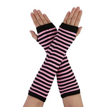 Women Winter Stripes Fingerless Thumbhole Elastic Long Knitted Gloves