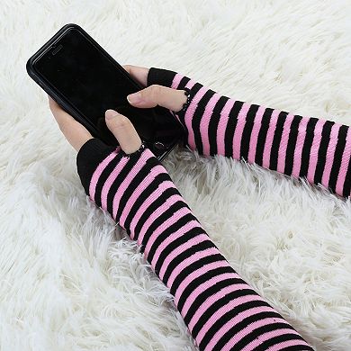 Women Winter Stripes Fingerless Thumbhole Elastic Long Knitted Gloves