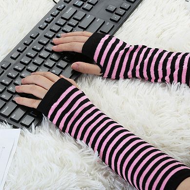 Women Winter Stripes Fingerless Thumbhole Elastic Long Knitted Gloves