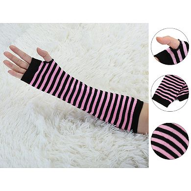 Women Winter Stripes Fingerless Thumbhole Elastic Long Knitted Gloves