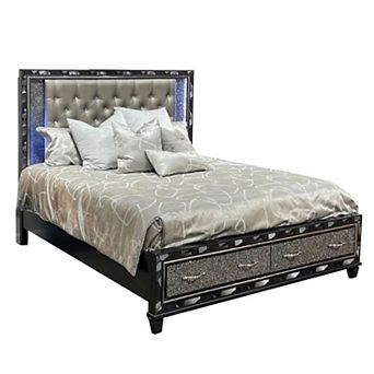 Bet Queen Bed, Silver Faux Leather Upholstery, Led, Crystal Accents, Black