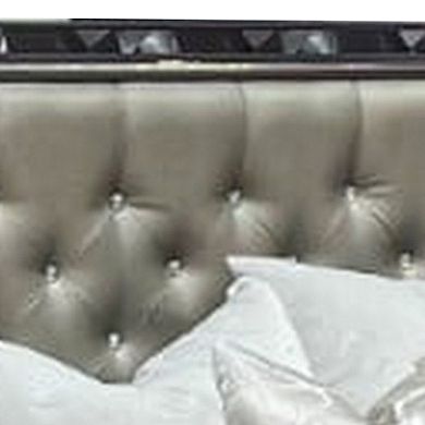 Bet Queen Bed, Silver Faux Leather Upholstery, Led, Crystal Accents, Black