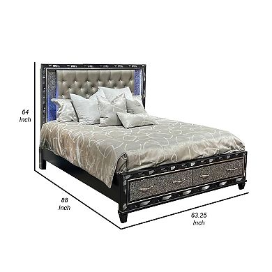 Bet Queen Bed, Silver Faux Leather Upholstery, Led, Crystal Accents, Black
