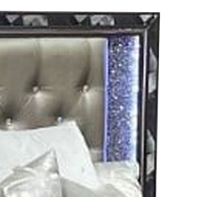 Bet Queen Bed, Silver Faux Leather Upholstery, Led, Crystal Accents, Black