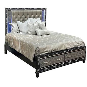 Bet Queen Bed, Storage Drawers, Silver Faux Leather Upholstery, Led, Black