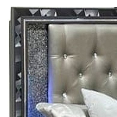 Bet Queen Bed, Storage Drawers, Silver Faux Leather Upholstery, Led, Black