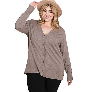 Plus Size Solid Buttery Soft V Neck Button Up High Quality Two Tone Knit Cardigan