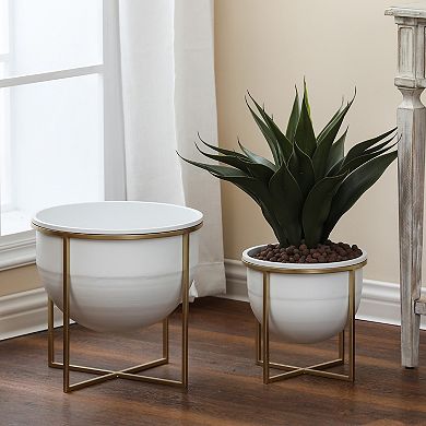 LuxenHome Set Of 2 White Metal Cachepot Planters With Gold Metal Stands