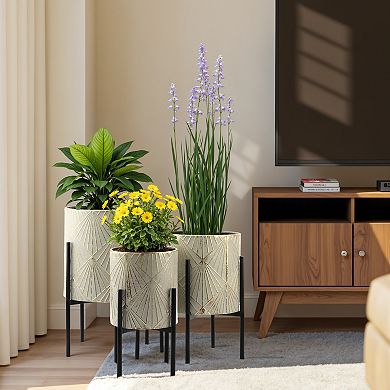 LuxenHome Set Of 3 Gray And Gold Metal Cachepot Planters With Black Stand