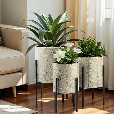 LuxenHome Set Of 3 Gray And Gold Metal Cachepot Planters With Black Stand